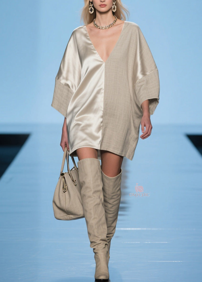 V-Neck Satin Woven Split Panel Oversized Shift Mini Dress