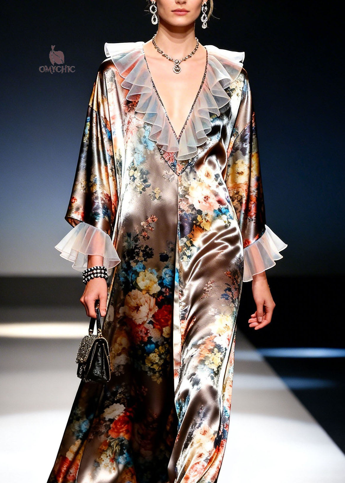 Floral Print Satin Deep V-Neck Organza Ruffle Trim Three-Quarter Sleeve Maxi Dress