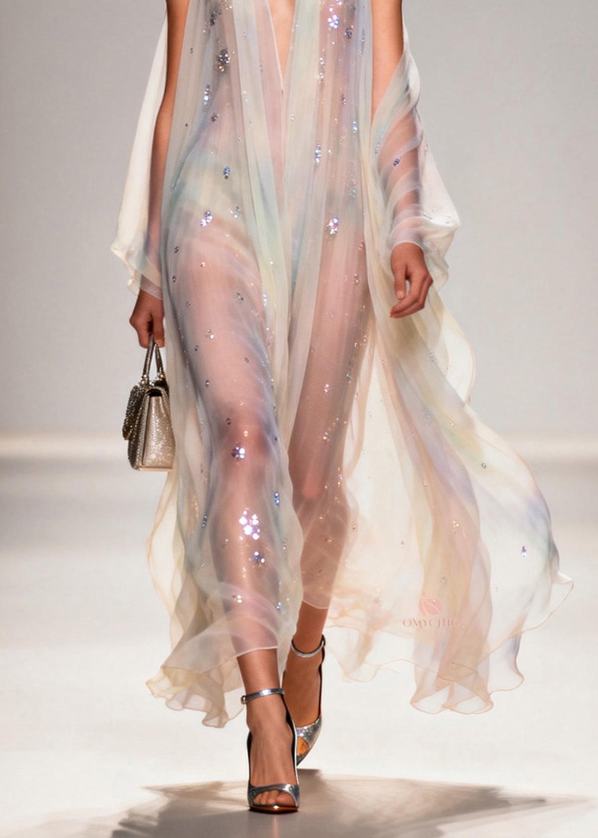 Sequin Scatter Deep V-Neck Sleeveless Cape Panel Sheer Maxi Gown