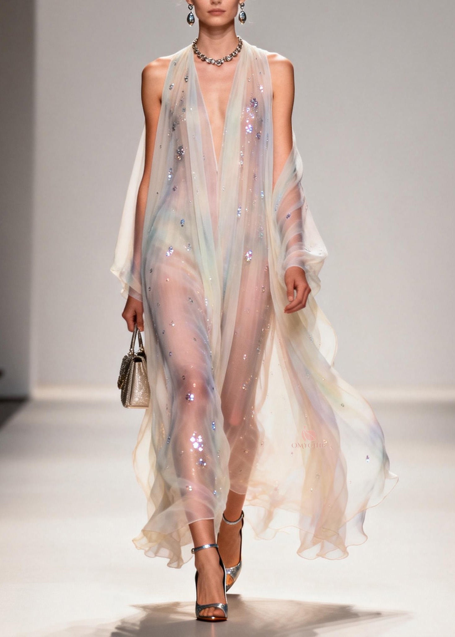 Sequin Scatter Deep V-Neck Sleeveless Cape Panel Sheer Maxi Gown