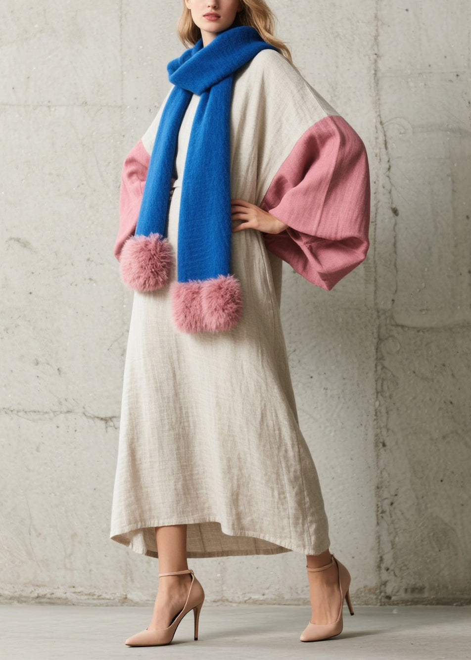 Oversized Slub Weave Lantern Sleeve Maxi Dress and Faux Fur Pom Scarf Two Piece Set