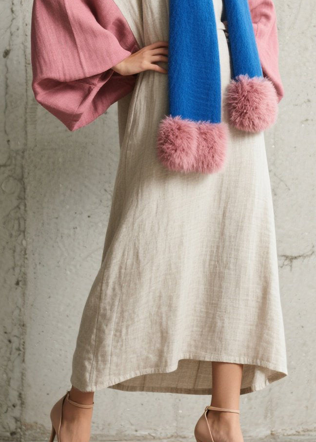 Oversized Slub Weave Lantern Sleeve Maxi Dress and Faux Fur Pom Scarf Two Piece Set
