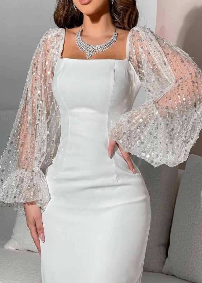 Lace Bishop Sleeve Square Neck Bodycon Midi Cocktail Dress