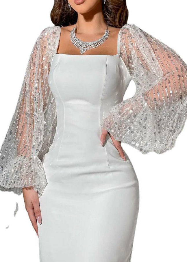 Lace Bishop Sleeve Square Neck Bodycon Midi Cocktail Dress