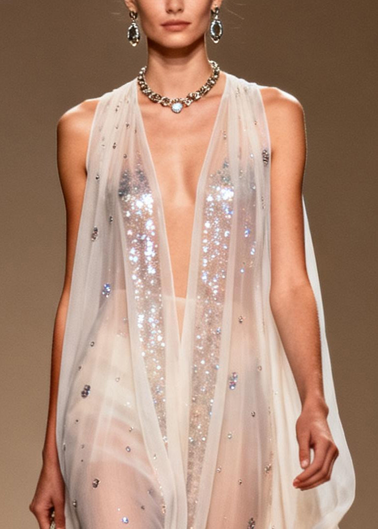 Sequin Scatter Deep V-Neck Sleeveless Sheer Chiffon Cape Panel Maxi Gown