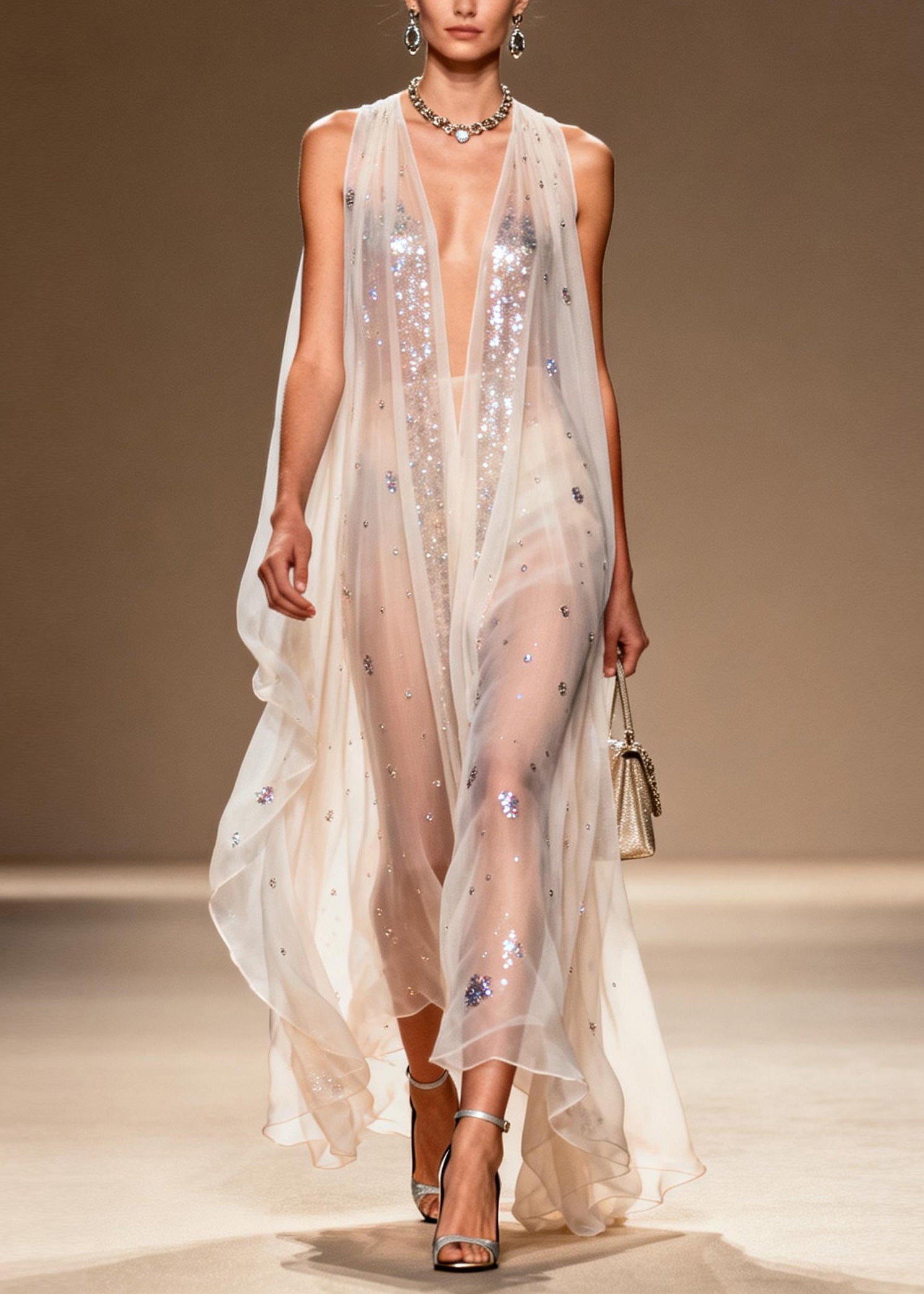 Sequin Scatter Deep V-Neck Sleeveless Sheer Chiffon Cape Panel Maxi Gown