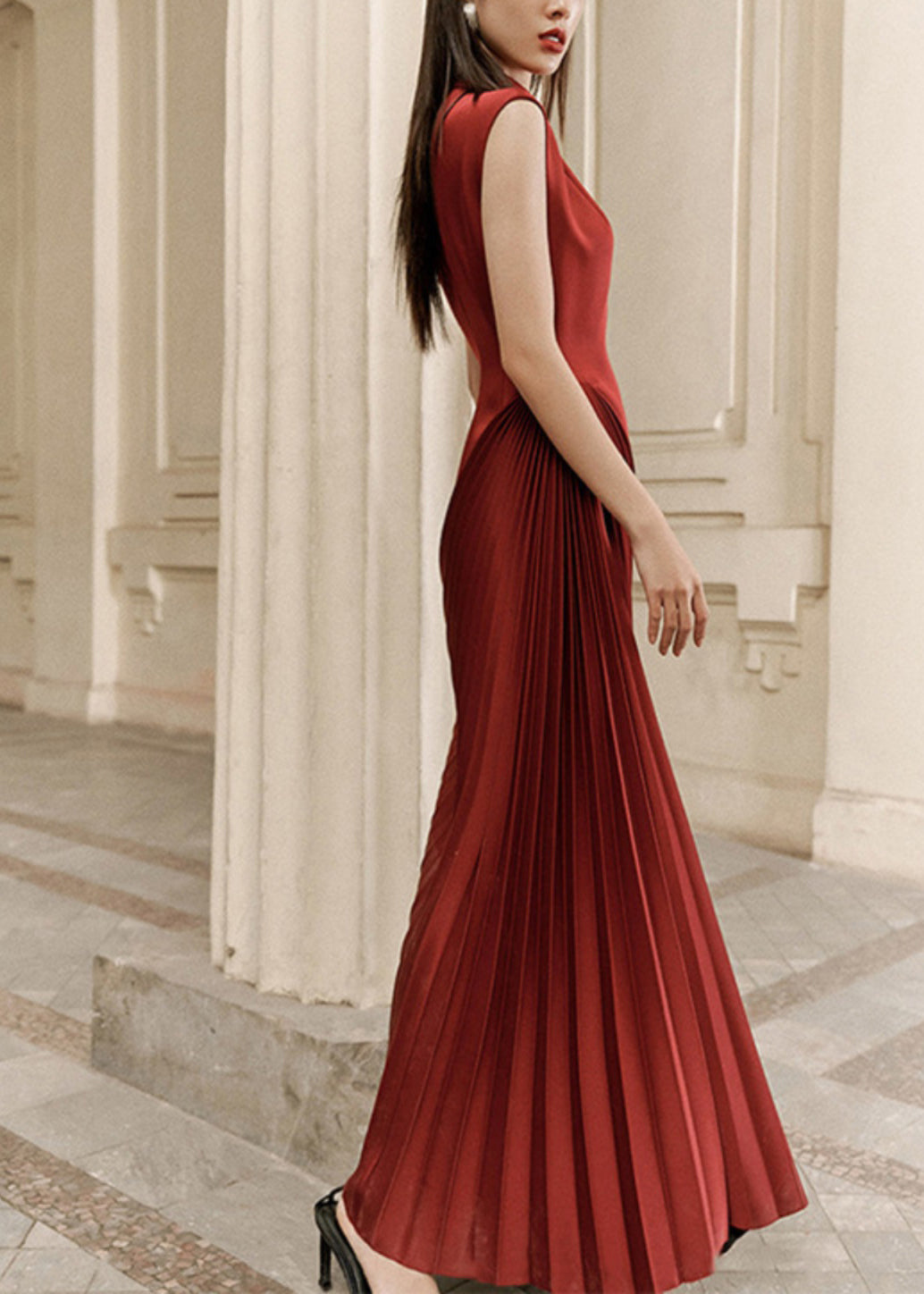 Satin Asymmetric Mock Neck Sleeveless Sunburst Pleat Cocktail Dress
