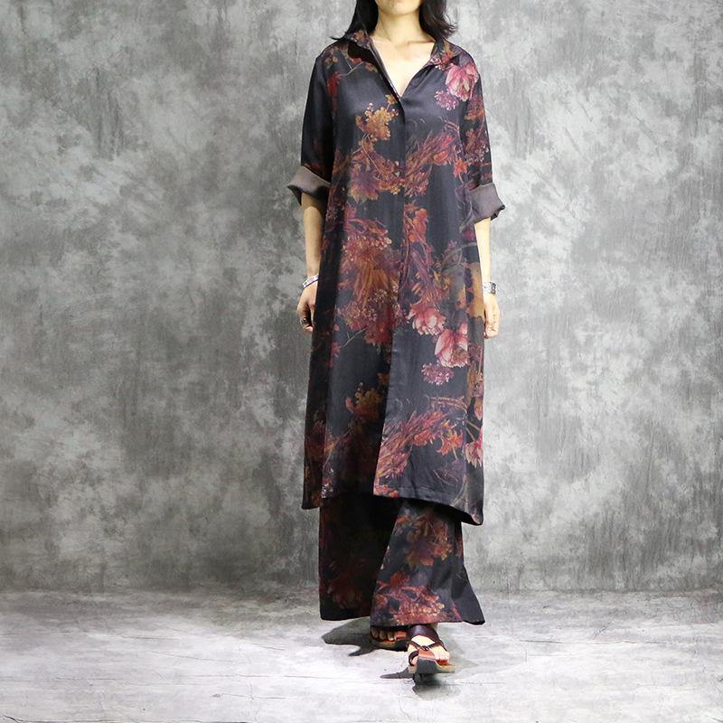 Modern and wide leg pants silk dresses black prints Maxi Dresses two pieces summer