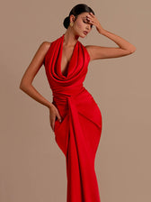 Backless Halter-Neck Deep V-Neck Bodycon Maxi Dress