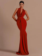 Backless Halter-Neck Deep V-Neck Bodycon Maxi Dress