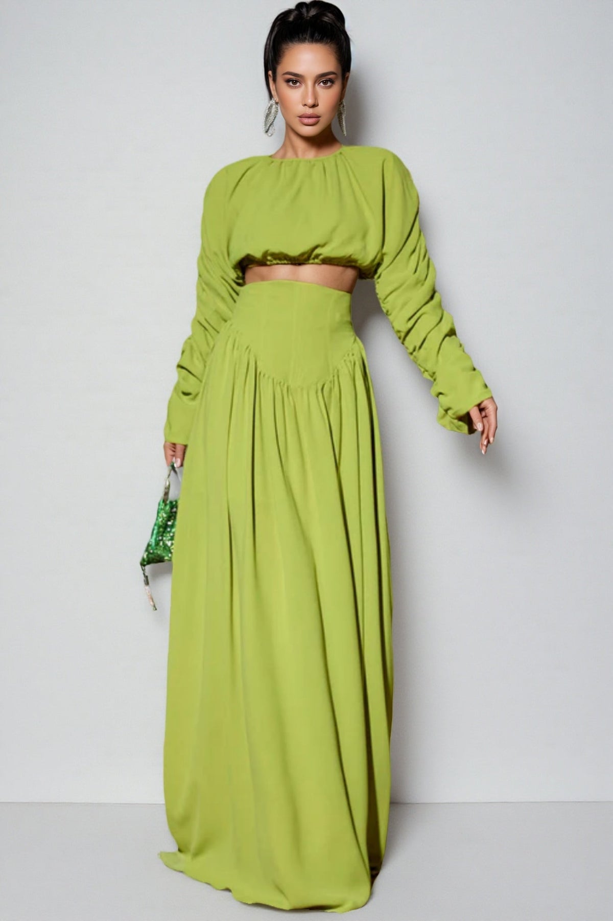Ruched Long Sleeve Crop Top and High Waist Maxi Skirt Two Piece Set 2