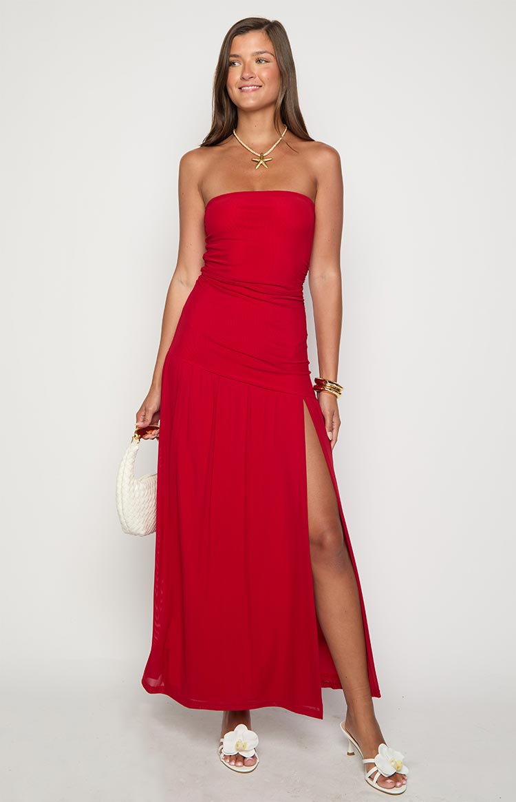 Strapless Ruched Bodice Drop Waist Double Split Maxi Dress 2