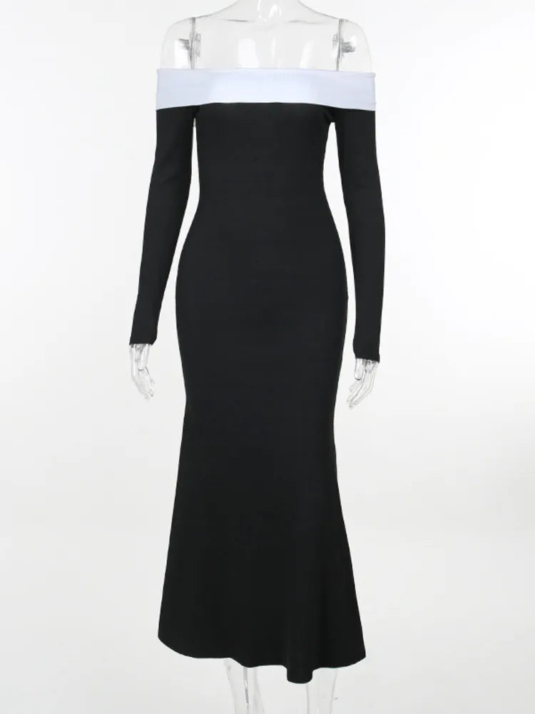 Contrast Color Offshoulder Backless Maxi Dress