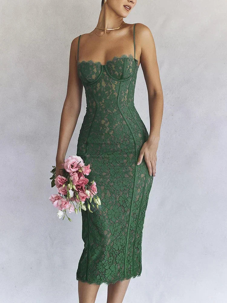 Lace Spaghetti Strap Corset Bodice Scalloped Trim Bodycon Midi Dress