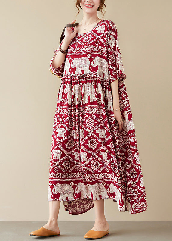 Elephant Print Round Neck Three Quarter Sleeve High Low Oversized Maxi Dress