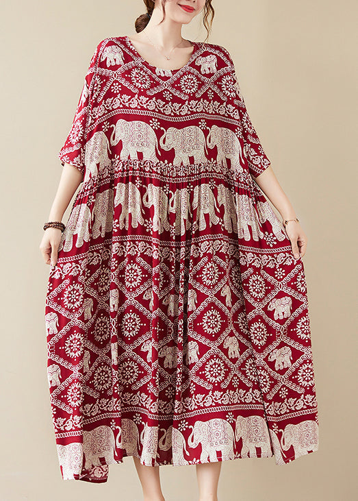 Elephant Print Round Neck Three Quarter Sleeve High Low Oversized Maxi Dress