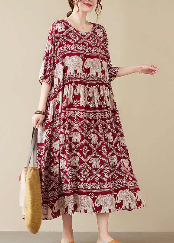 Elephant Print Round Neck Three Quarter Sleeve High Low Oversized Maxi Dress
