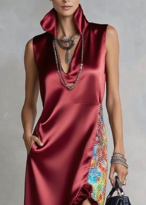 High Collar Deep V-Neck Ruffle Slit Sequin Panel Maxi Dress