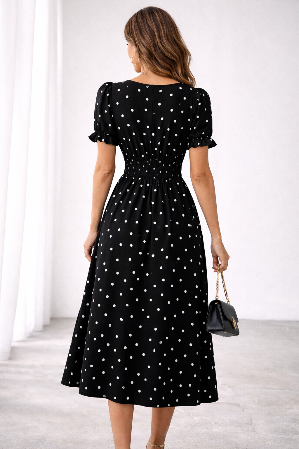 Polka Dot Tie Front Puff Sleeve Fit and Flare Midi Dress