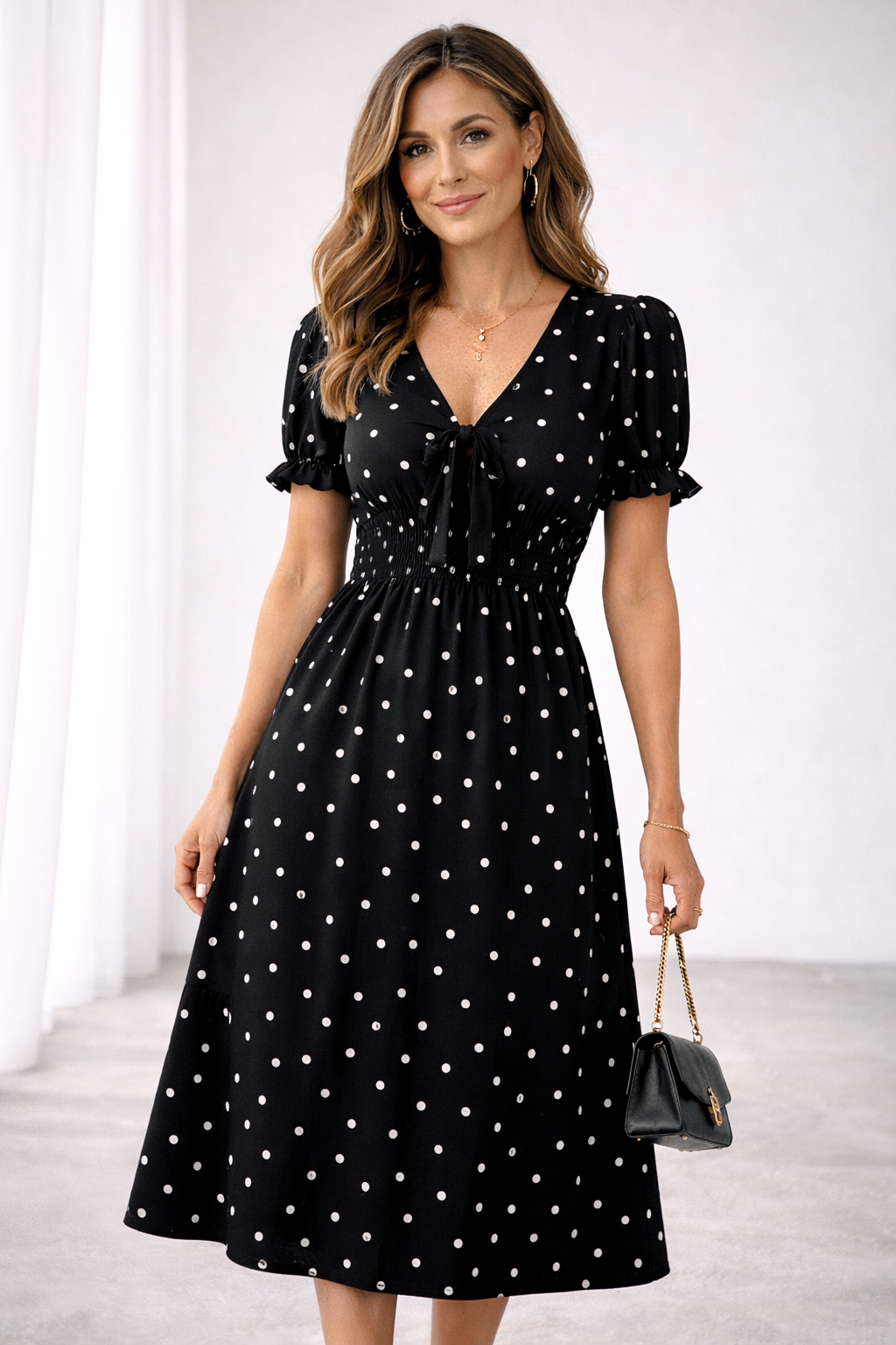 Polka Dot Tie Front Puff Sleeve Fit and Flare Midi Dress