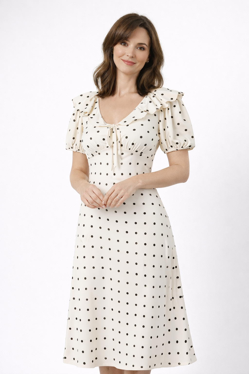Polka Dot Tie Front Puff Sleeve Fit and Flare Midi Dress
