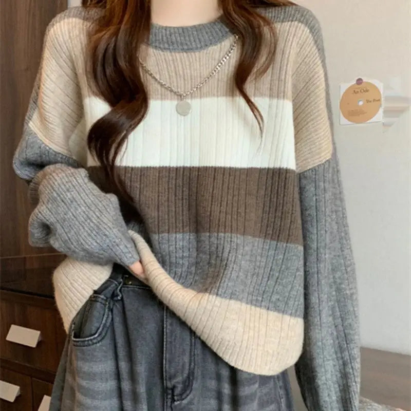 Multi-Color Splicing Lazy Style Slimming Sweater gray / S