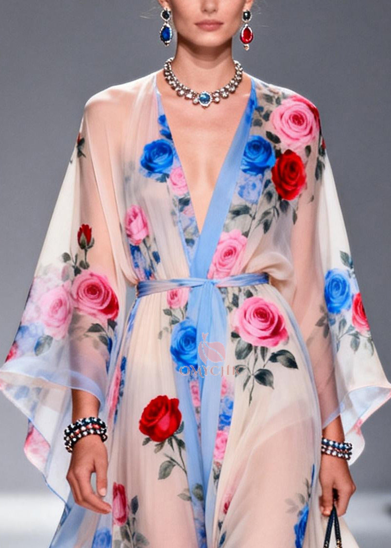 Multicolored Floral Print Chiffon Maxi Dress Tie Waist Summer 2