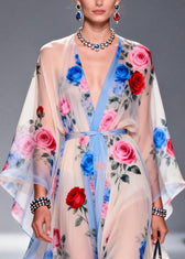 Multicolored Floral Print Chiffon Maxi Dress Tie Waist Summer 2