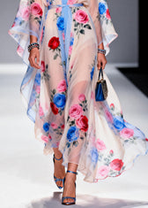 Multicolored Floral Print Chiffon Maxi Dress Tie Waist Summer 4