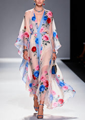 Multicolored Floral Print Chiffon Maxi Dress Tie Waist Summer 5