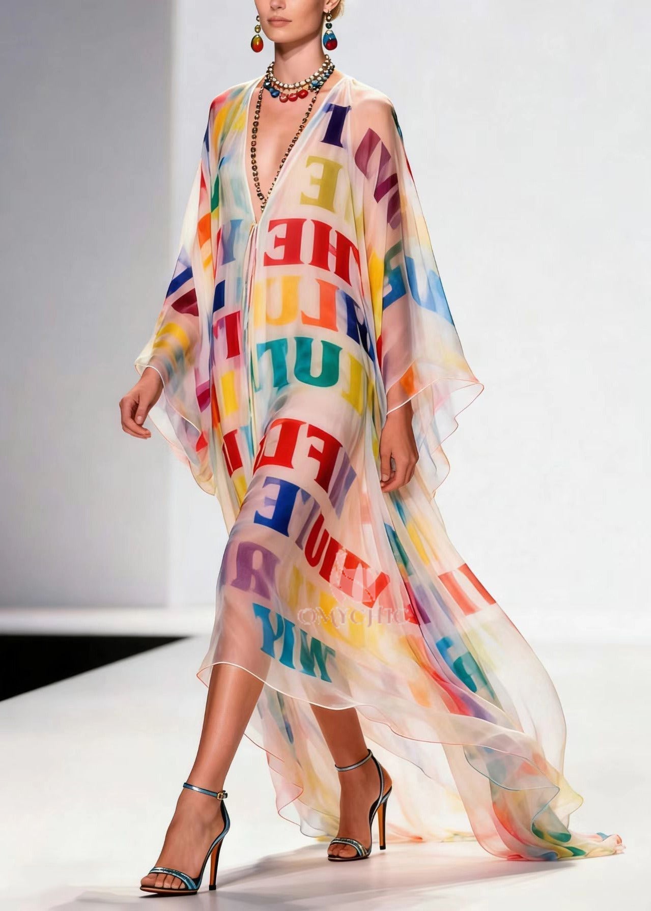 Alphabet Letter Print Deep V-Neck Batwing Sleeve Sheer Chiffon Maxi Gown