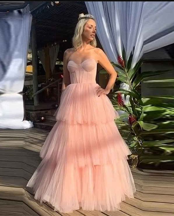 Pink Strapless Tulle Layered Evening Dress Formal Prom Party Dress  cc1831