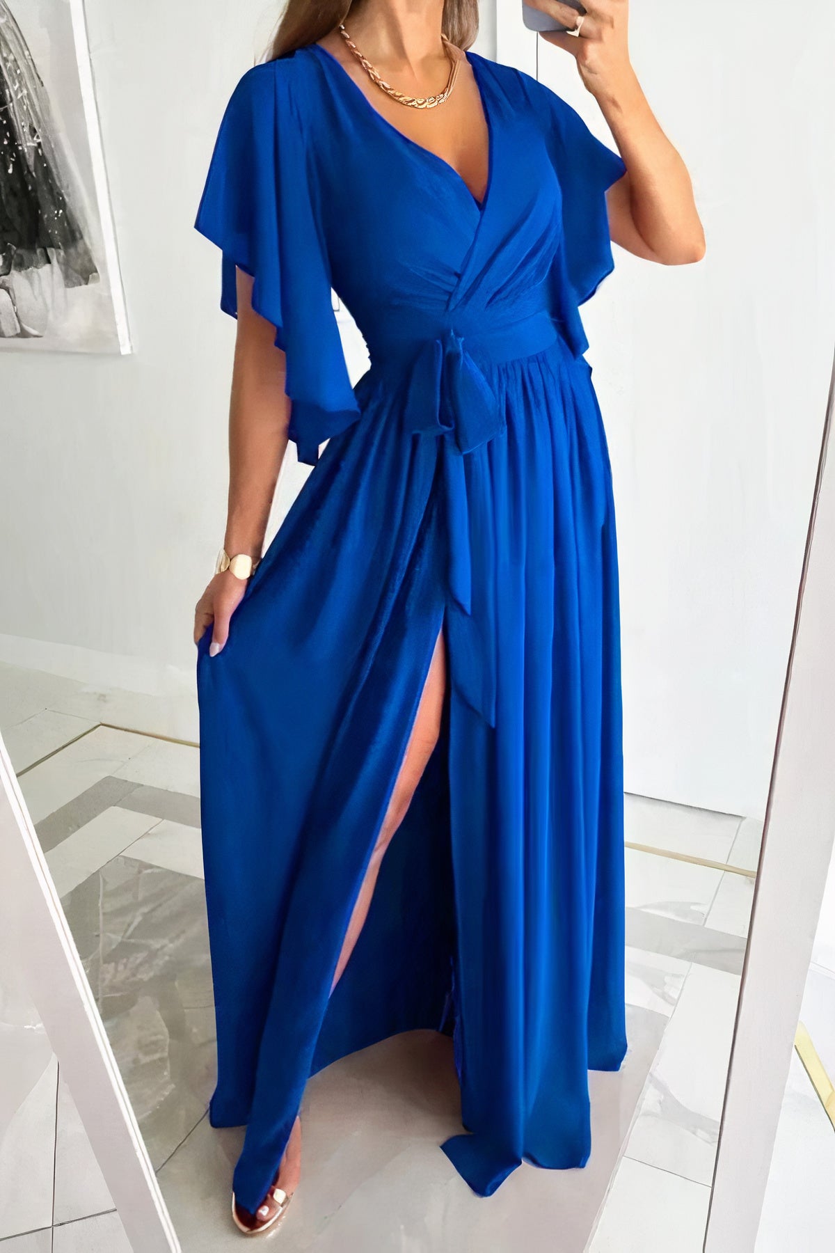 Danna Statement V Neck Dress with Slit Premium Wardrobe Essential