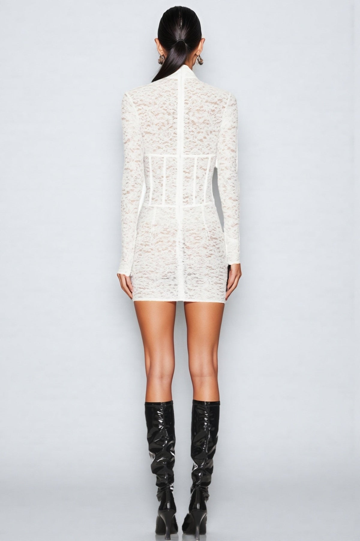 Mock Neck Long Sleeve Sheer Lace Corset Waist Bodycon Mini Dress 3