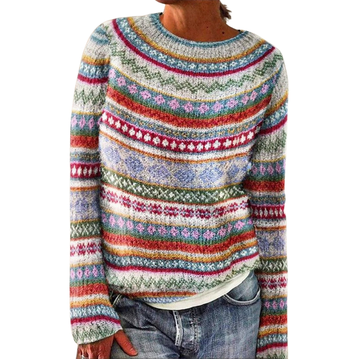 Crew Neck Long Sleeve Fair Isle Knit Sweater