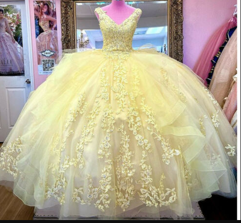 Yellow Quinceanera Dresses Beaded Tiered With Bow Sweet 15 16 Dress Ball Gowns c3267