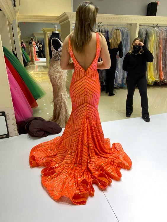 Deep Sequin Mermaid Orange V-neck Prom Dress cc1276
