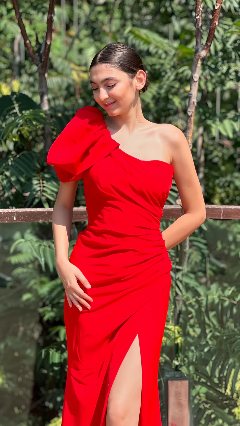 Fashion One Shoulder Red Mermaid Split Long Party Prom Dress cc1828