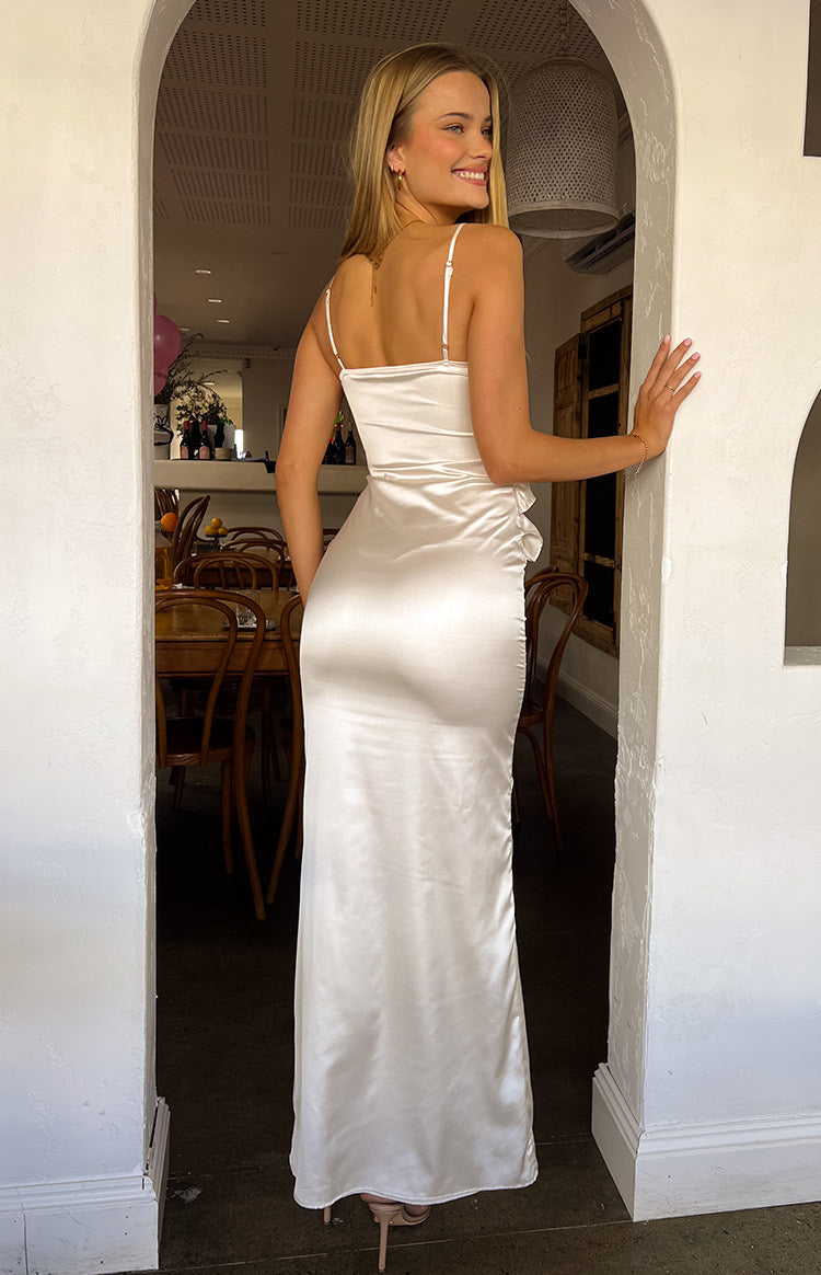 Satin Plunge Cami Ruffle Trim Front Split Bodycon Maxi Dress 9