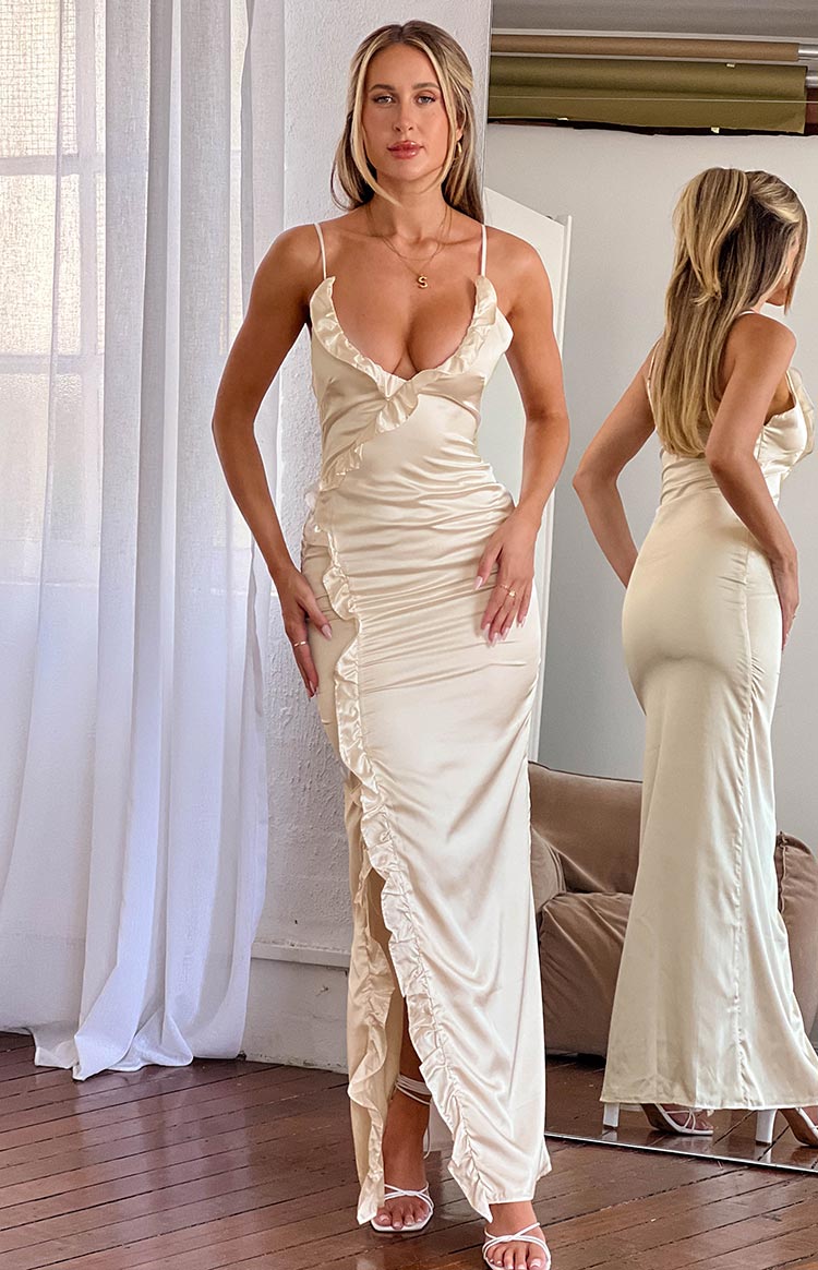 Satin Plunge Cami Ruffle Trim Front Split Bodycon Maxi Dress