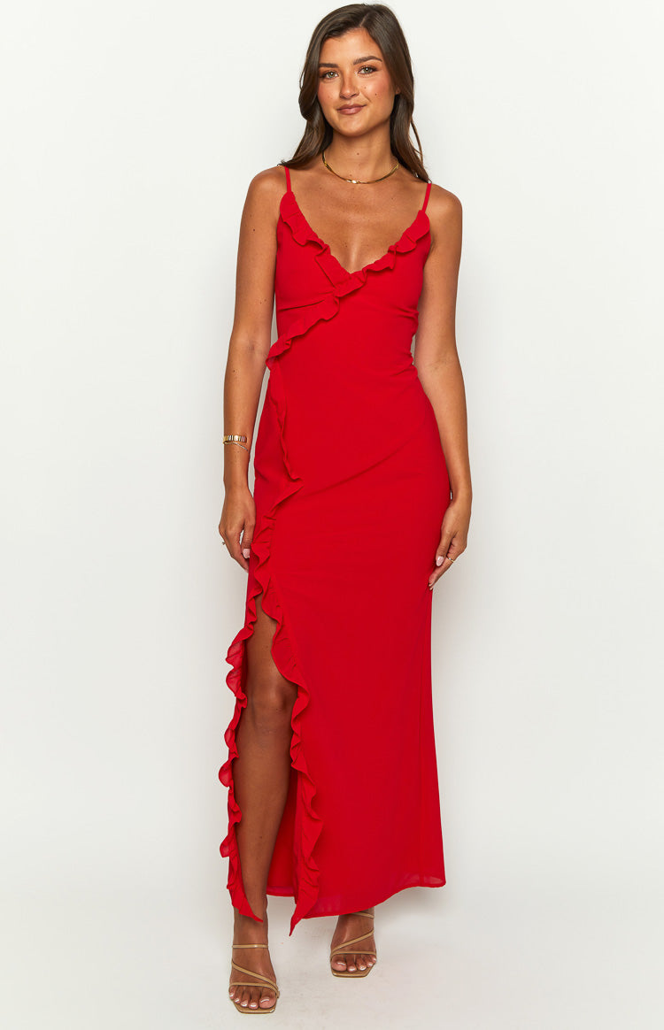 Ruffle Trim V-Neck Cami Strap High Split Maxi Dress 2