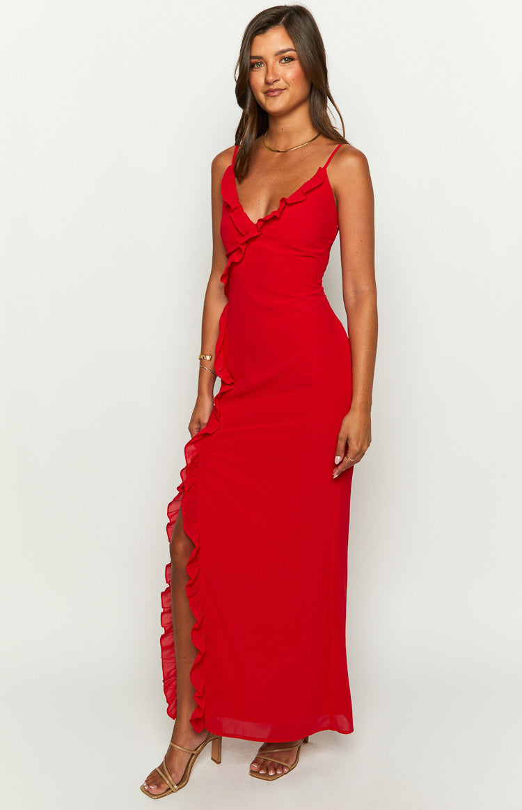 Ruffle Trim V-Neck Cami Strap High Split Maxi Dress 4