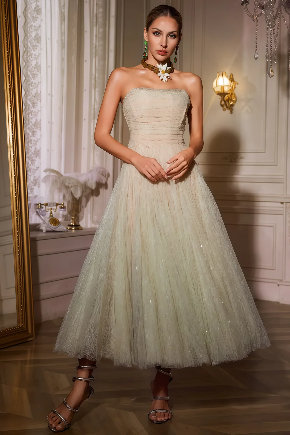 Strapless Ruched Bodice Glitter Mesh A-Line Midi Dress