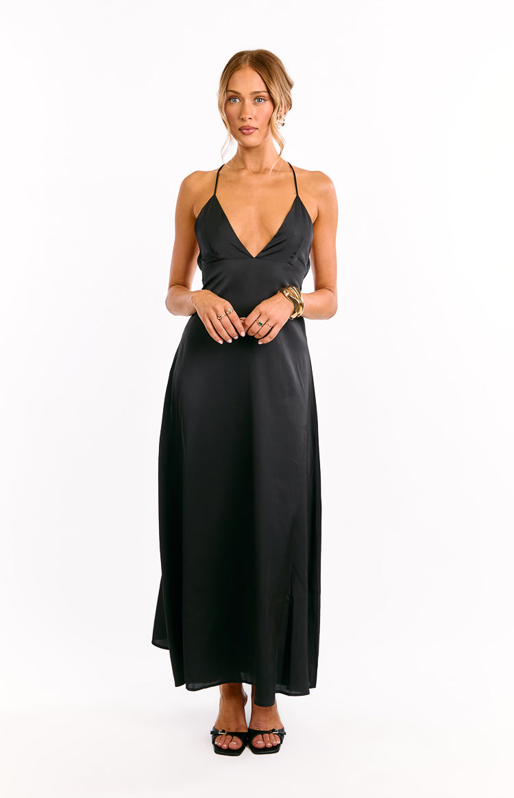 Satin Deep V-Neck Cross Back Spaghetti Strap Slip Maxi Dress
