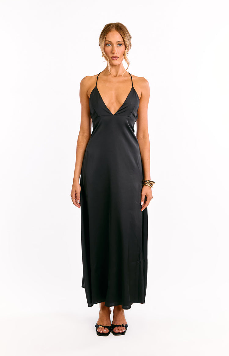 Satin Deep V-Neck Cross Back Spaghetti Strap Slip Maxi Dress 2