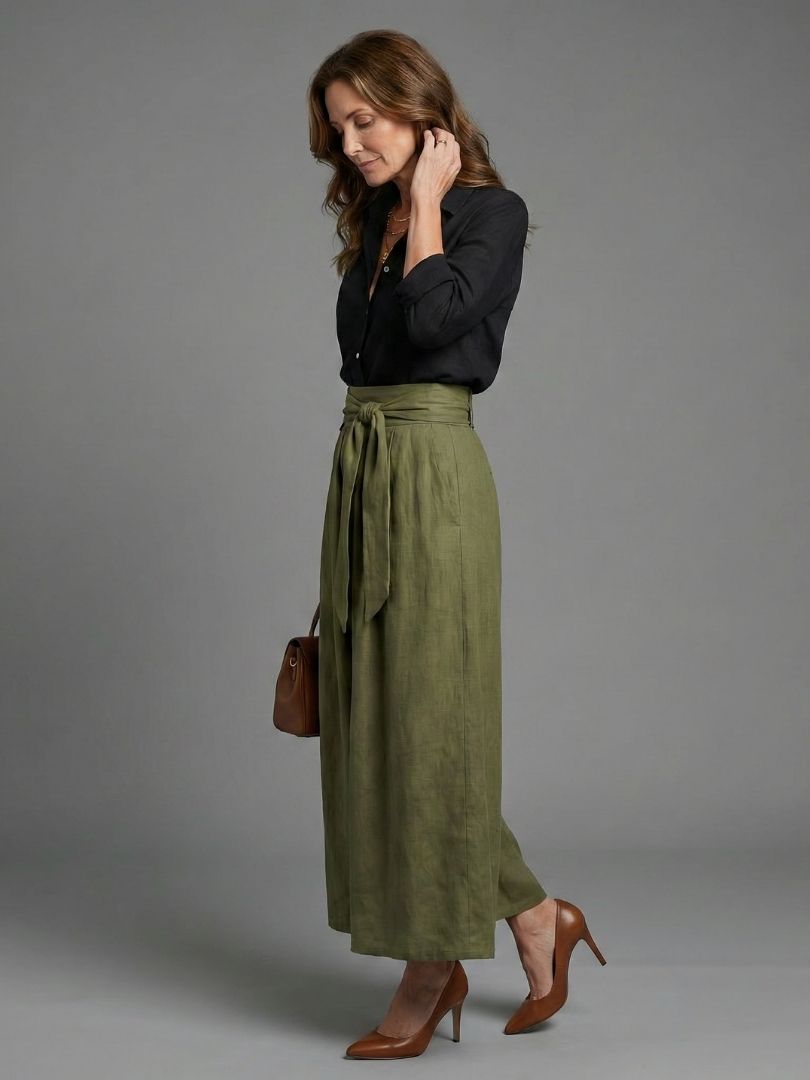 High Waist Tie Front Flared Maxi Skirt