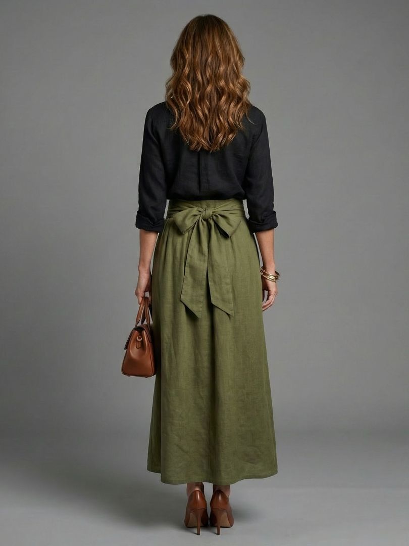 High Waist Tie Front Flared Maxi Skirt
