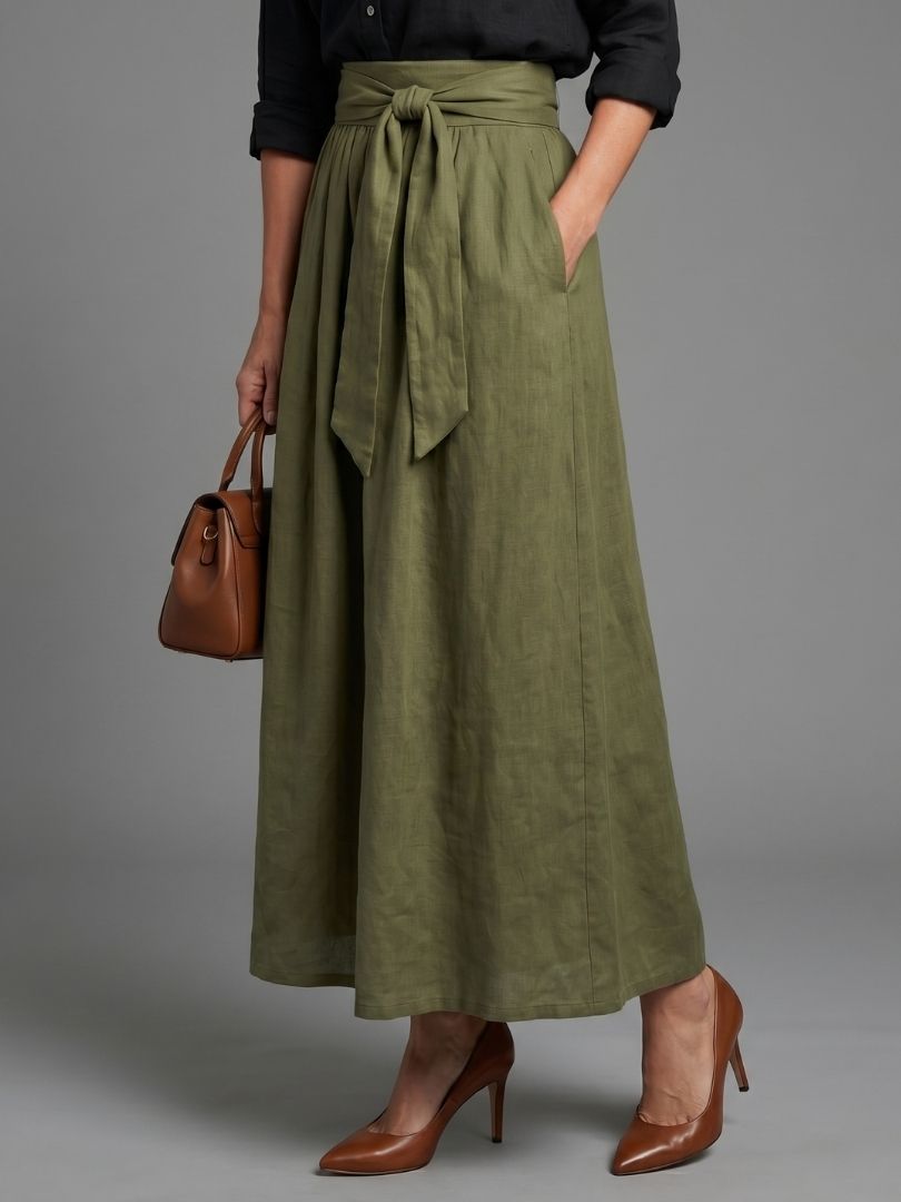 High Waist Tie Front Flared Maxi Skirt