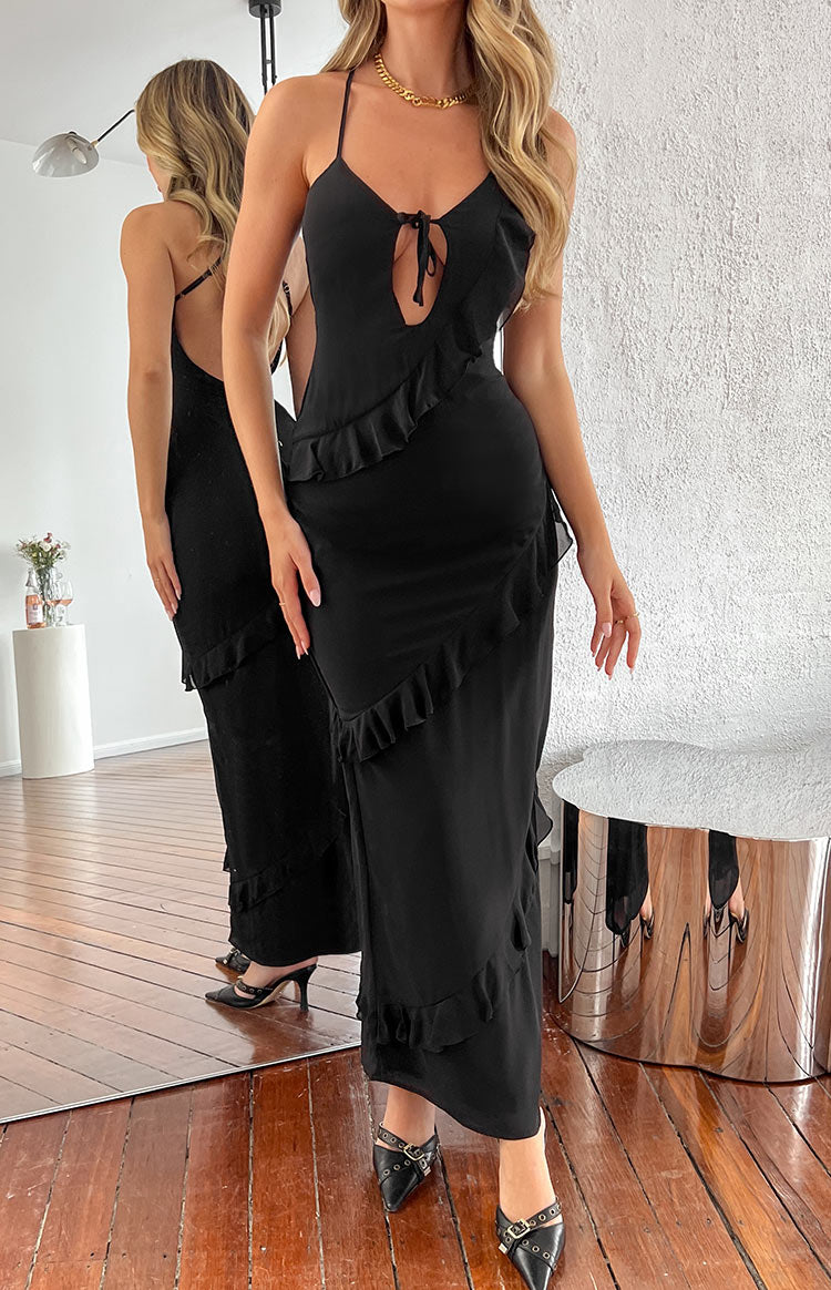 Chiffon Tie Front Keyhole Asymmetric Ruffle Trim Maxi Dress 5