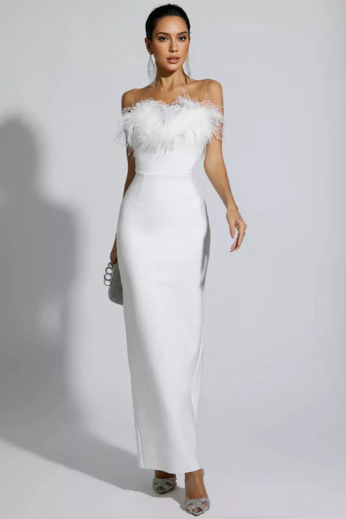 Strapless Feather Trim Bandage Column Maxi Dress